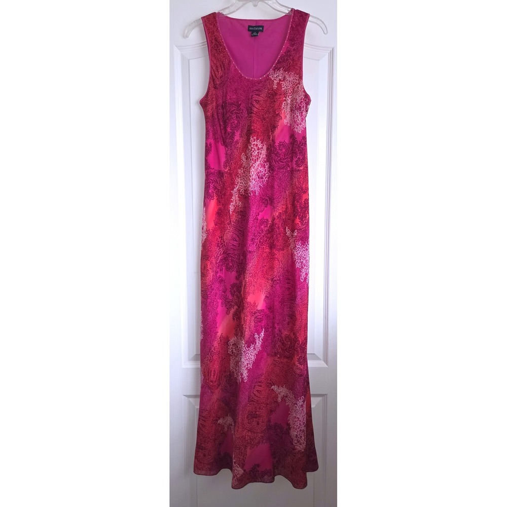 VTG Y2K Ann Taylor Pink‎ Paisley Silk Beaded Sleeveless Maxi Slip Dress Sz 12